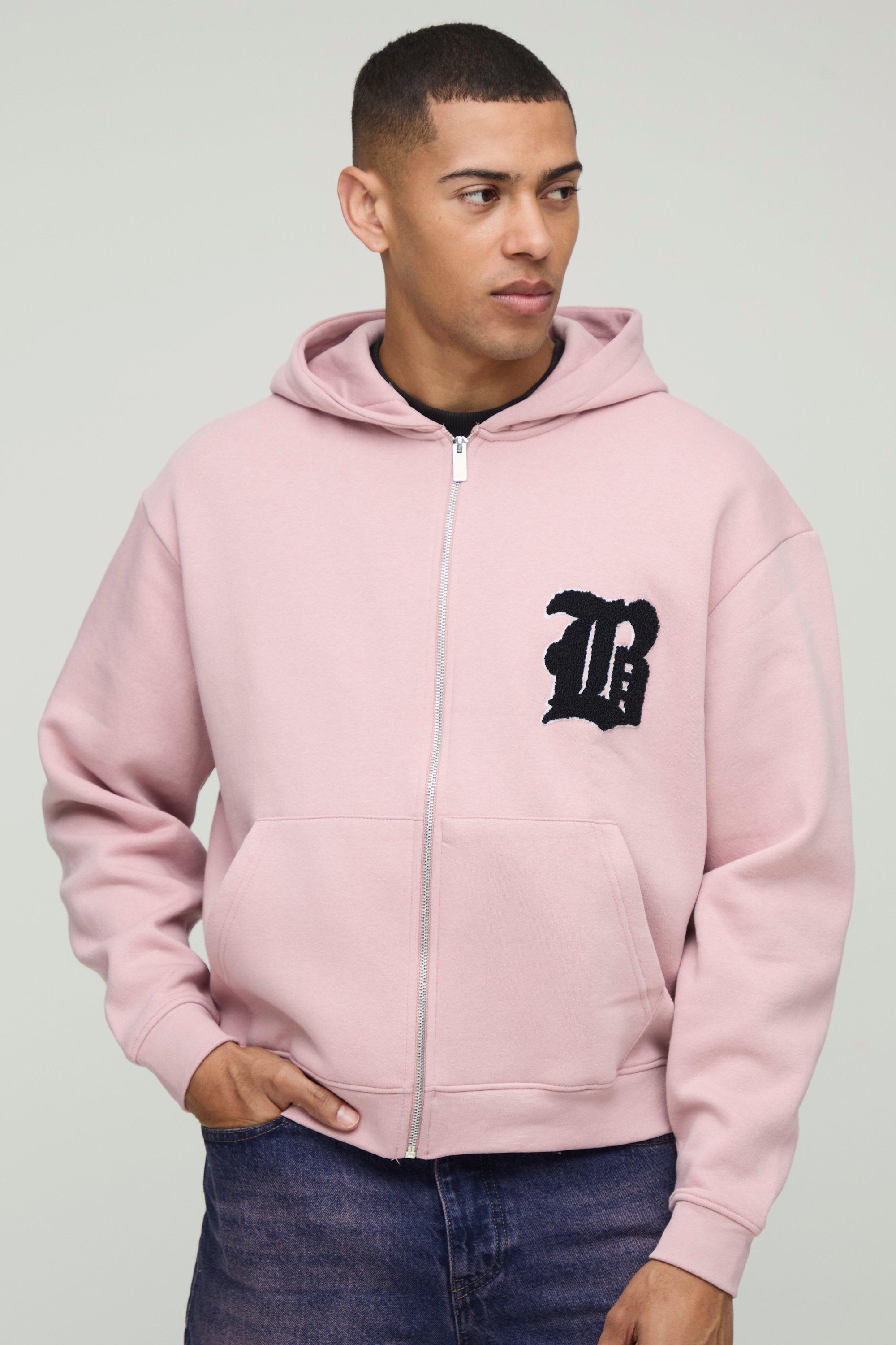 Mens Blue Boxy Fit B Applique Zip Through Hoodie, Blue